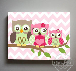 Baby Girl Nursery Art - Owl Family Canvas Art - Hot Pink Green Girl Room DecorBaby ProductMuralMax Interiors