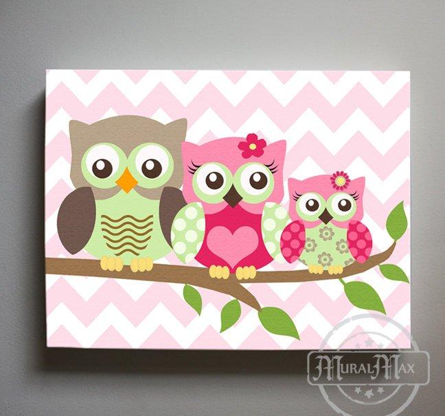 Baby Girl Nursery Art - Owl Family Canvas Art - Hot Pink Green Girl Room Decor