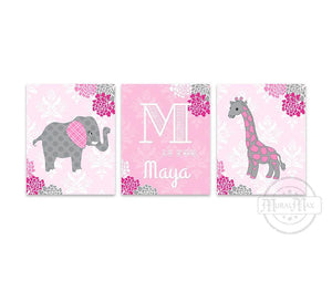 Baby Girl Nursery Art - Personalized Floral Mums Elephant & Giraffe Collection - Set of 3 - Unframed Prints - MuralMax Interiors