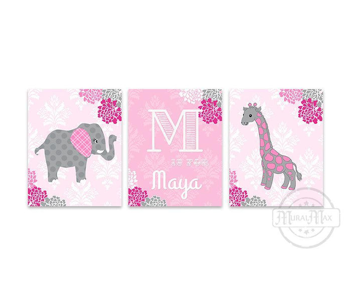 Baby Girl Nursery Art - Personalized Floral Mums Elephant & Giraffe Collection - Set of 3 - Unframed Prints