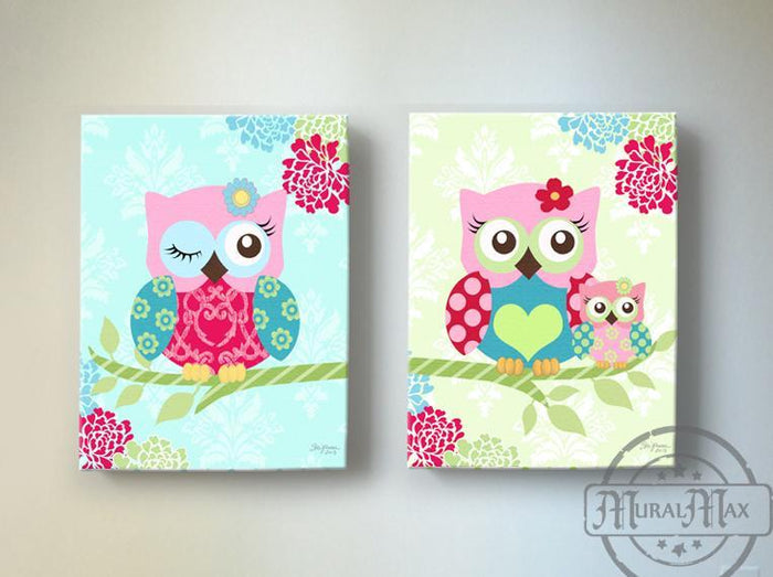Baby Girl Nursery Art - Pink Teal Owl Family - Floral Mums Canvas Art Decor - Set of 2