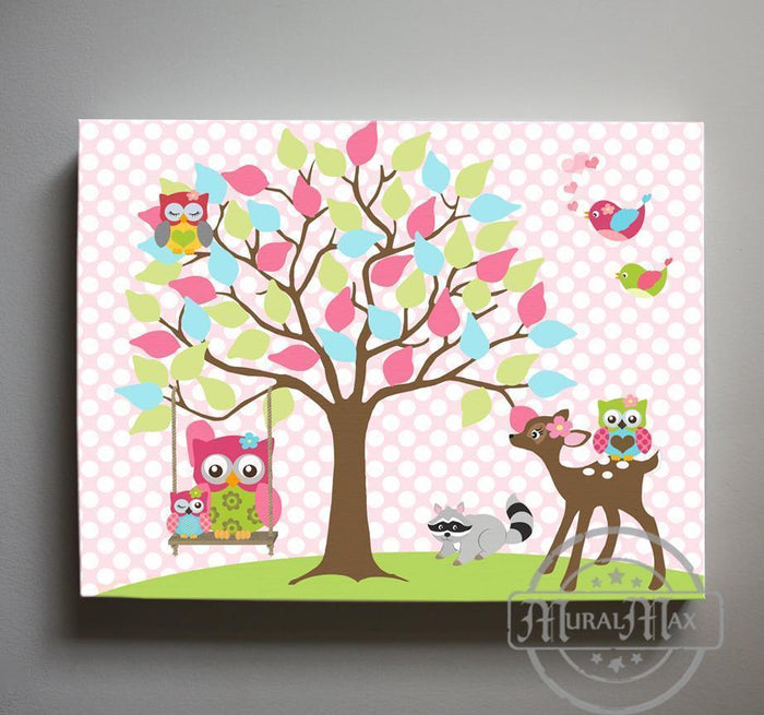 Baby Girl Nursery Art - Whimsical Woodland Characters Under The Tree - Canvas Art