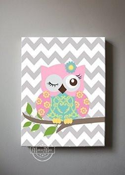 Baby Girl Nursery Art - Winking Owl Canvas Decor - Pink Aqua Gray DecorBaby ProductMuralMax Interiors