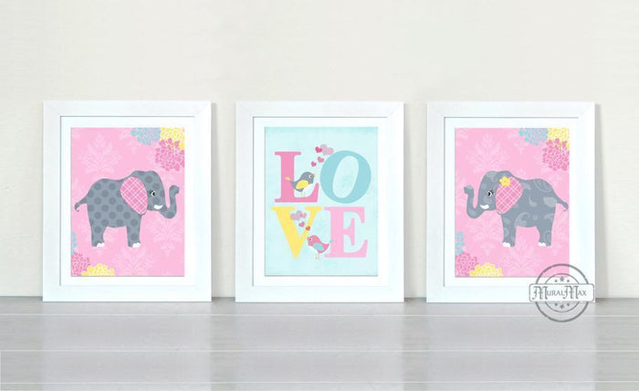 Baby Girl Nursery Decor Floral Elephant Love Nursery Art - Unframed Prints - Set of 3