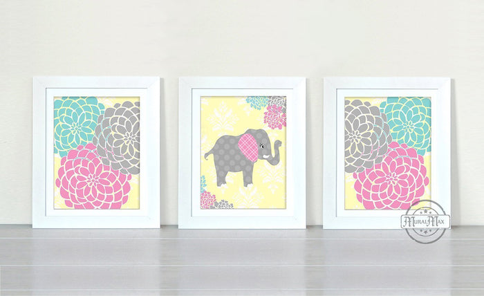 Baby Girl Nursery Decor Floral Mums & Elephant - Set of 3 - Unframed Prints-B01CRT8TY0