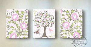 Baby Girl Nursery Decor - Flower Tree Garden & Butterfly Theme - Canvas Nursery Decor - Set of 3-B0190181G4 - MuralMax Interiors