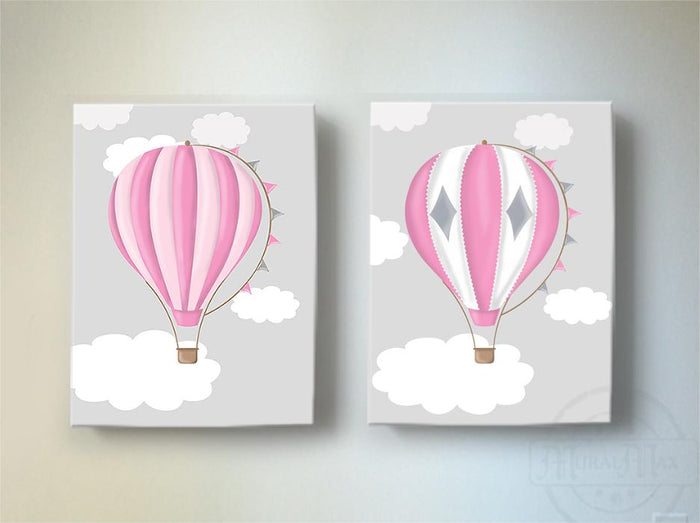 Baby Girl Nursery Decor Hot Air Balloon Canvas Art - Adventure Nursery Art for Girls - Set of 2