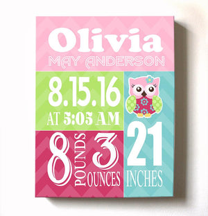 Baby Girl Nursery Decor Personalized Birth Announcements - Owl Nursery Art - New Baby GiftsBaby ProductMuralMax Interiors
