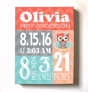 Baby Girl Nursery Decor Personalized Birth Announcements - Owl Nursery Art - New Baby GiftsBaby ProductMuralMax Interiors