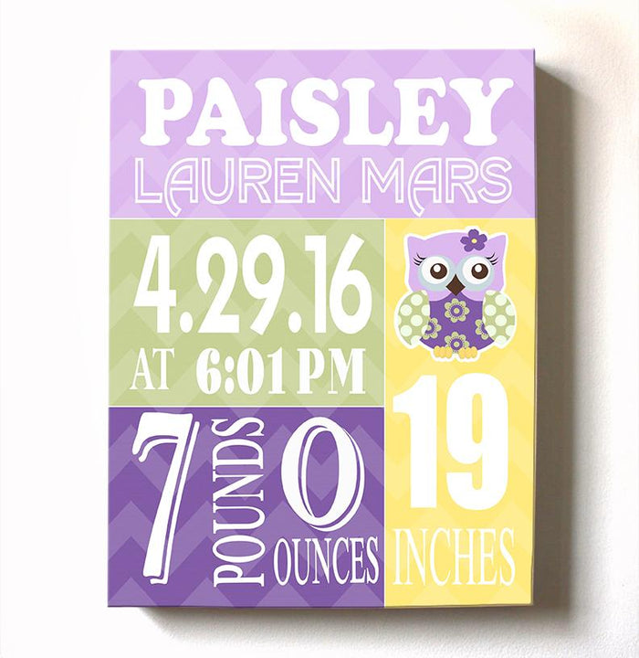 Baby Girl Nursery Decor Personalized Birth Announcements - Owl Nursery Art - New Baby Gifts