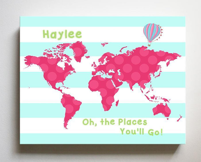 Baby Girl Nursery Decor Personalized Dr Seuss Nursery Decor - Chevron Canvas World Map Collection - Oh The Places You'll Go-B018ISO2YU