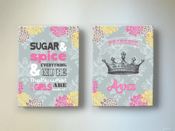 Baby Girl Nursery Decor Sugar And Spice & Everything Nice Canvas Art - Personalized Girl Room Decor - Set of 2 - Choose From Designer Colors