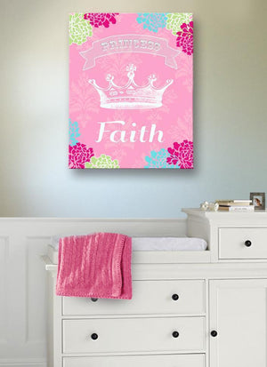 Baby Girl Nursery Wall Art - Personalized Floral Mums Princess Crown Room Decor - The Canvas Royalty Collection - MuralMax Interiors