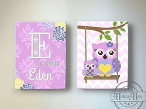 Baby Girl Nursery Wall Art - Personalized Owl Canvas Art -Purple Nursery Decor- Set of 2Baby ProductMuralMax Interiors