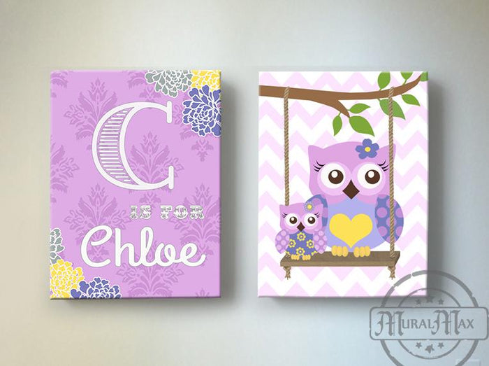 Baby Girl Nursery Wall Art - Personalized Owl Canvas Art -Purple Nursery Decor- Set of 2