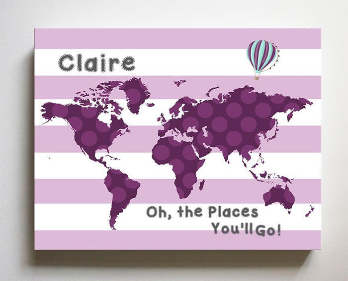Baby Girl Nursery Wall Art Personalized World Map Nursery Wall Decor - Dr. Seuss Nursery Decor - Inspirational Wall Art, Oh the Places You'll Go-B018ISNYKS