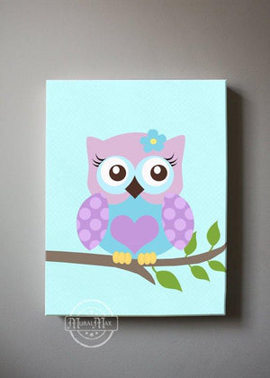 Baby Girl Owl Nursery Art  - Blue Purple Canvas Wall Art - Whimsical Owl CollectionBaby ProductMuralMax Interiors