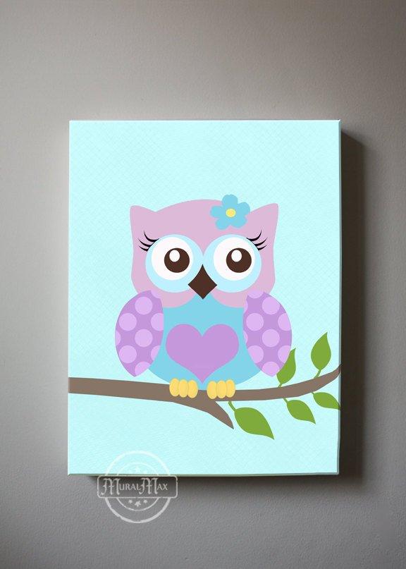 Baby Girl Owl Nursery Art  - Blue Purple Canvas Wall Art - Whimsical Owl Collection