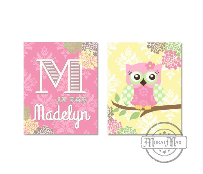 Baby Girl Owl Nursery Decor - Personalized Floral Prints - Unframed Prints - Set of 2