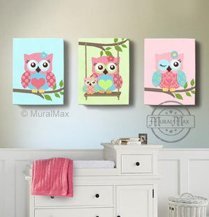 Baby Girl Owl Nursery Decor - Swinging Family Owls Canvas Wall Art - Set of 3Baby ProductMuralMax Interiors