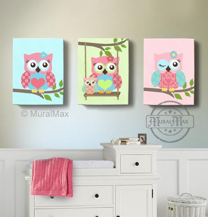 Baby Girl Owl Nursery Decor - Swinging Family Owls Canvas Wall Art - Set of 3