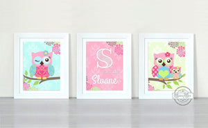 Baby Girl Personalized Chevron Owl Nursery Prints - Set of 3 - Unframed Prints- Pink Aqua DecorBaby ProductMuralMax Interiors