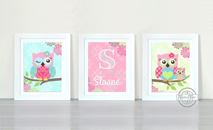 Baby Girl Personalized Chevron Owl Nursery Prints - Set of 3 - Unframed Prints- Pink Aqua Decor