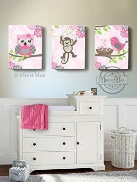 Baby Girl Pink and Gray Nursery Floral Monkey Bird &amp; Owl Canvas Decor - Set of 3-Animal Nursery ArtBaby ProductMuralMax Interiors