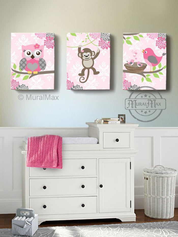 Baby Girl Pink and Gray Nursery Floral Monkey Bird & Owl Canvas Decor - Set of 3-Animal Nursery Art