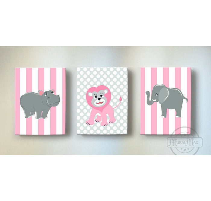 Baby Girl Polka Dots & Stripes Whimsical Animal Wall Art - Set of 3 Canvas