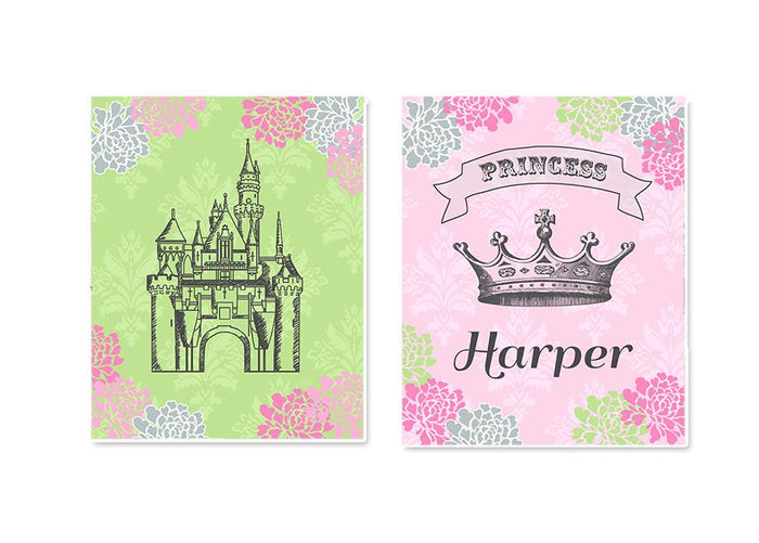 Baby Girl Princess Nursery Art - Personalized Princess Crown & Castle Girl Room Decor - Set of 2 - Unframed Prints