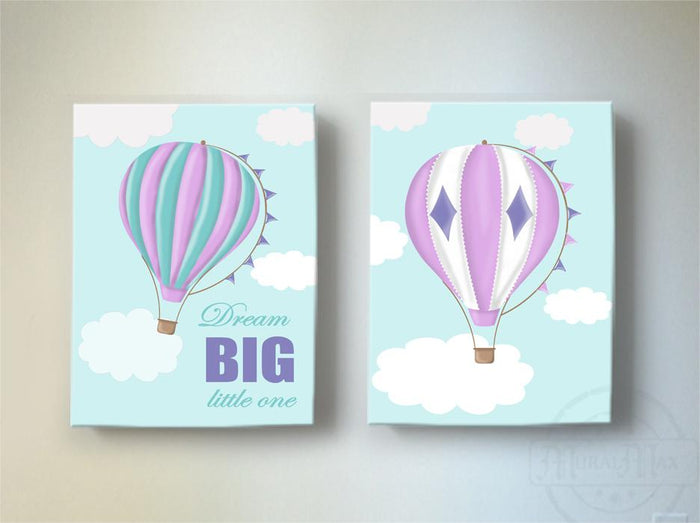 Baby Girl Room Decor Dream Big Hot Air Balloon Canvas Art - Adventure Nursery Art for Girls - Set of 2