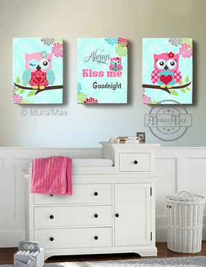 Baby Girl Room Decor Floral Mums Nursery Owl Canvas Theme - Always Kiss Me Goodnight Quote - Set of 3 Wall ArtBaby ProductMuralMax Interiors