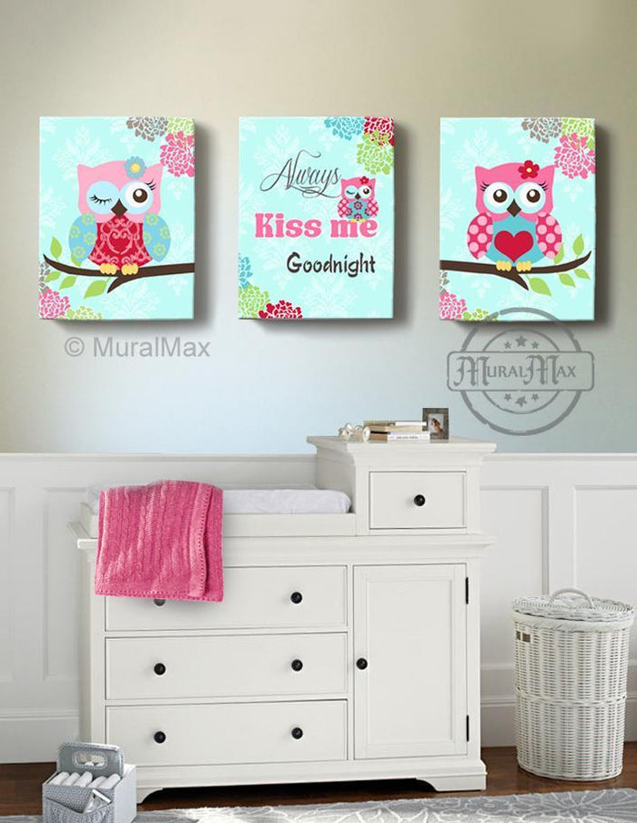 Baby Girl Room Decor Floral Mums Nursery Owl Canvas Theme - Always Kiss Me Goodnight Quote - Set of 3 Wall Art