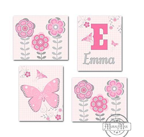 Baby Girl Room Decor Personalized Flowers & Butterfly Theme - Set of 4 - Unframed Prints-B01CRT9G3S