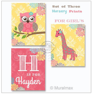 Baby Girl Room Decor - Personalized Name With Floral Mums &amp; Whimsical Animals - Unframed Prints - Set of 3Baby ProductMuralMax Interiors