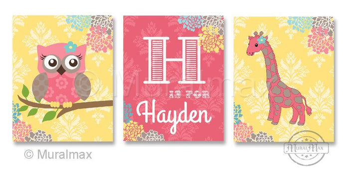 Baby Girl Room Decor - Personalized Name With Floral Mums & Whimsical Animals - Unframed Prints - Set of 3