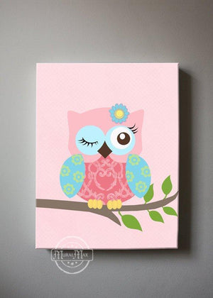 Baby Girl Room Wall Art - Pink Aqua Green Owl Canvas Decor - The Owl CollectionBaby ProductMuralMax Interiors
