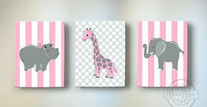 Baby Girl Safari Animals Nursery Art - Elephant Giraffe Hippo Canvas Wall Art - Set of 3-Pink Gray - MuralMax Interiors