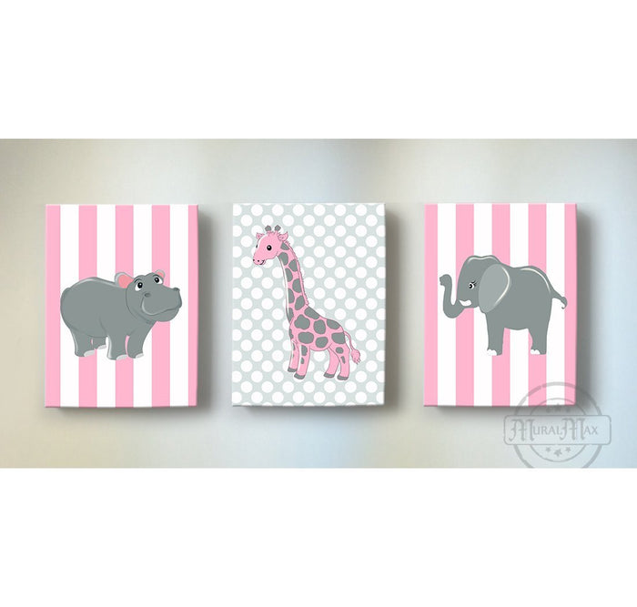 Baby Girl Safari Animals Nursery Art - Elephant Giraffe Hippo Canvas Wall Art - Set of 3-Pink Gray