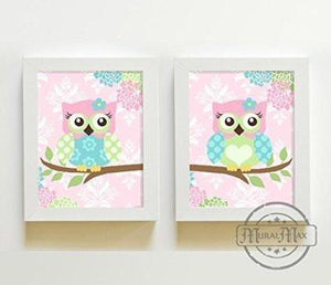 Baby Girls Floral Owl Family Nursery Art - Unframed Prints - Set of 2-Pink Green Aqua ArtBaby ProductMuralMax Interiors