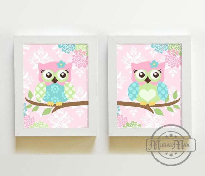 Baby Girls Floral Owl Family Nursery Art - Unframed Prints - Set of 2-Pink Green Aqua Art