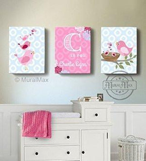 Baby Nursery Art - Pink Personalized Polka Dots Bird Family Canvas Decor - Set of 3 - Birds Collection-B018GSW9H4 - MuralMax Interiors