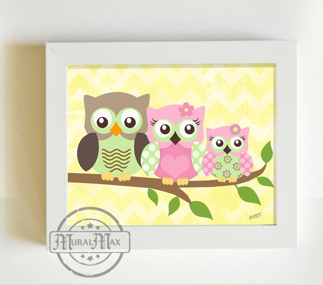 Baby Nursery Decor - Owl Family Art - Pink Green Yellow Nursery Decor - Unframed Print