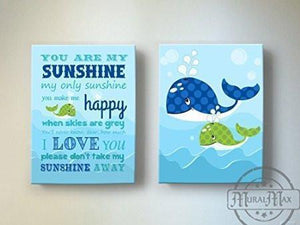 Baby Nursery Sea Ocean Animals Wall Art - You Are My Sunshine Canvas Wall Decor - Whale Nursery Art - Set of 2 - MuralMax Interiors