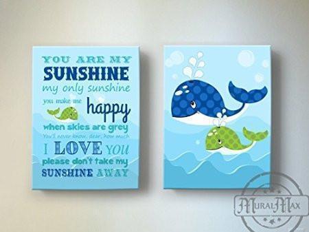 Baby Nursery Sea Ocean Animals Wall Art - You Are My Sunshine Canvas Wall Decor - Whale Nursery Art - Set of 2