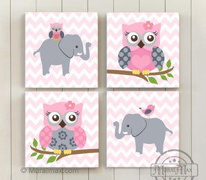 Baby Nursery Wall Art Baby Pink Gray Elephant Owl Girl Room Decor Set of 4 - MuralMax Interiors