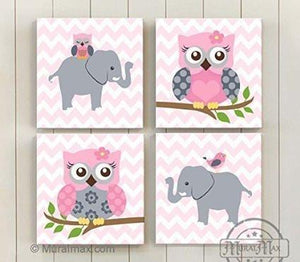 Baby Nursery Wall Art Baby Pink Gray Elephant Owl Girl Room Decor Set of 4 - MuralMax Interiors