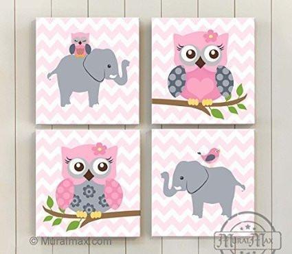 Baby Nursery Wall Art Baby Pink Gray Elephant Owl Girl Room Decor Set of 4