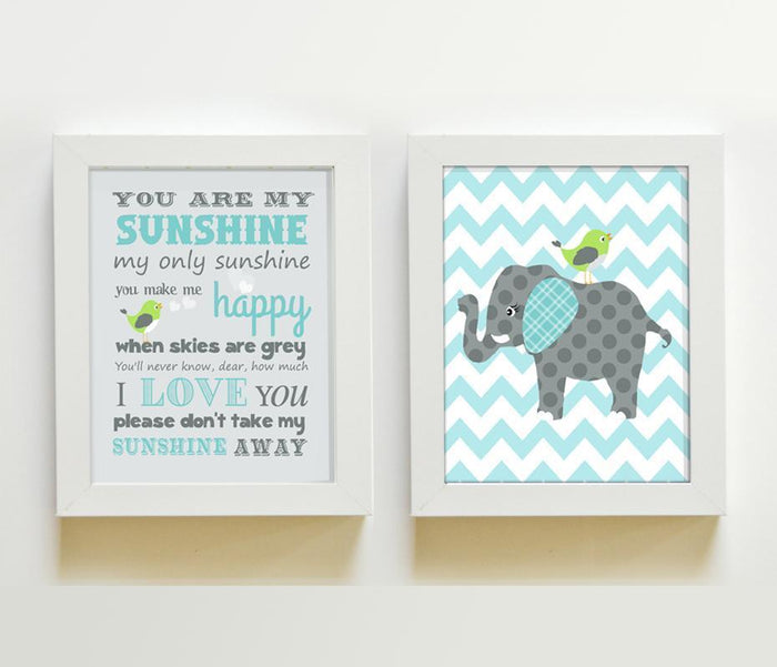 Baby Nursery Wall Art Elephant And You Are My Sunshine Prints - Set of 2 - Unframed Prints